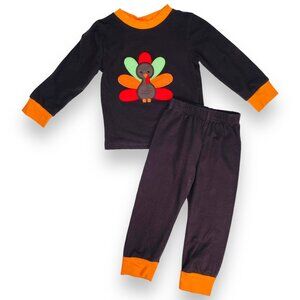 Smocked Auctions Fall Thanksgiving Brown Turkey Appliqué Pajamas PJ Set 24m